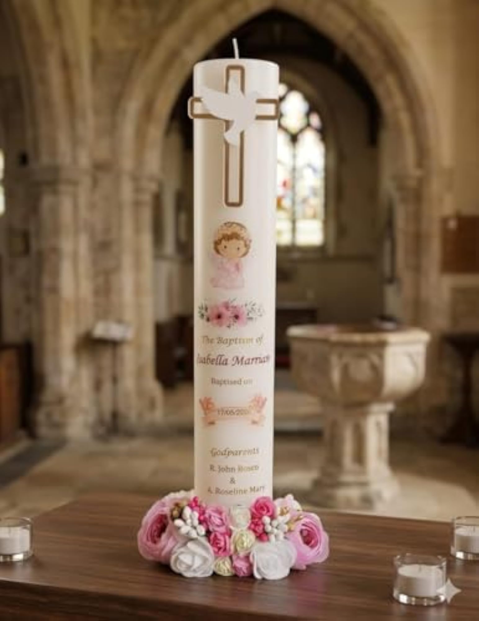 Personalised Baptism Candle with Pink Acrylic Cross, Custom Name & Date